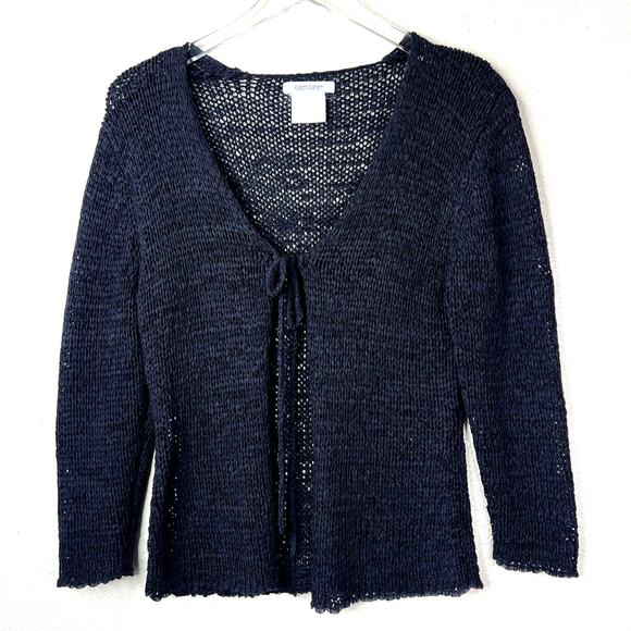 Vintage Karen Kane Cardigan Sweater Open Knit Tie Front V-Neck MEDIUM Black - Picture 1 of 4